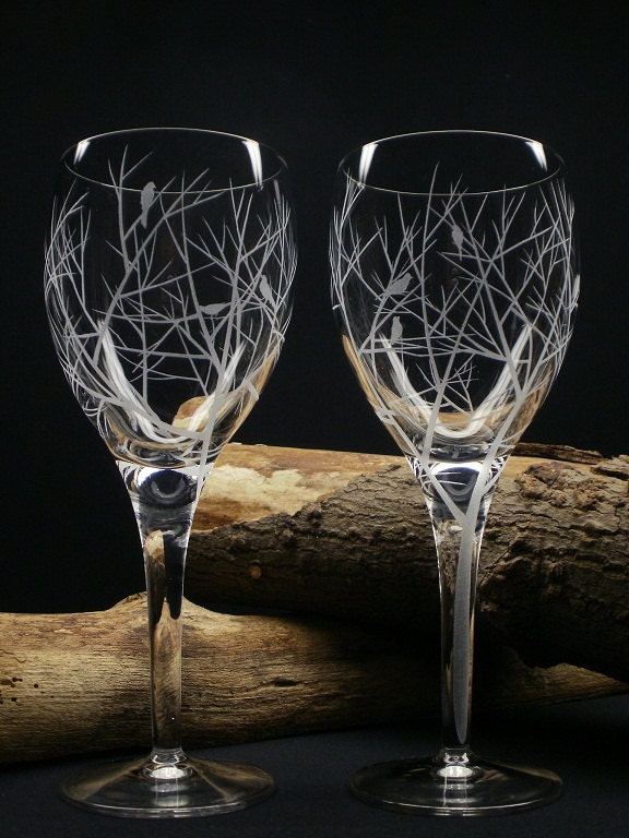 Two Wine Glasses . 'Reaching Branches With Bird Silhouettes ' . Hand Engraved . Woodland Wedding . Bird Lovers Wedding Party