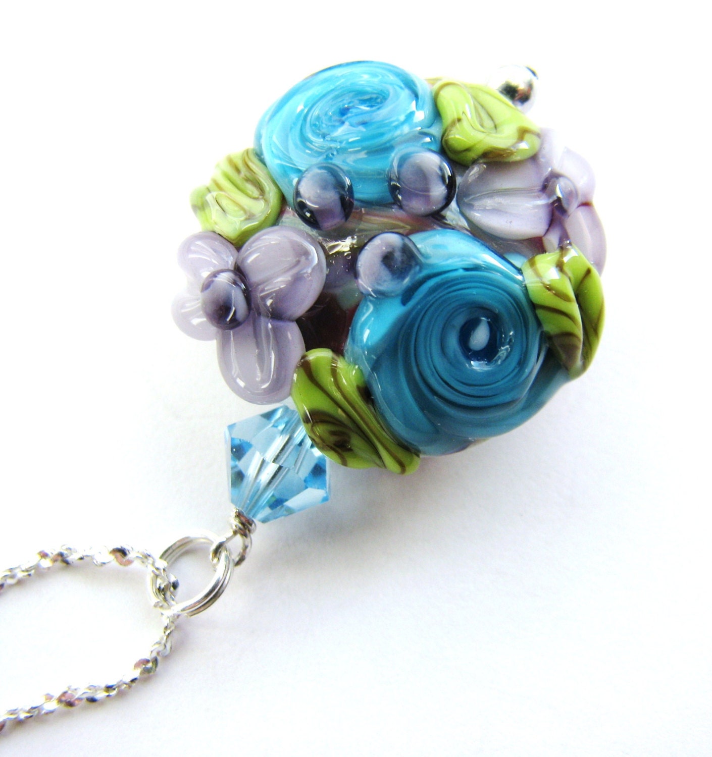 Mother's Day Pendant Necklace, Teal, Purple, Green - SRA Artisan Sculptured Lampwork Glass Flower, Swarovski Crystals, Sterling Silver