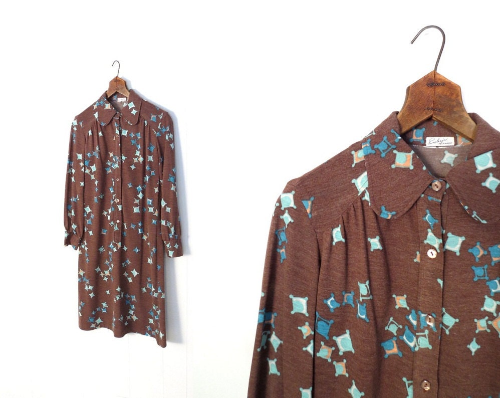 Vintage 1970s Dress / Jersey Knit Dress / Abstract Geometric Print / 70s Dress / M L