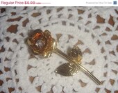 Summer Sale Rose brooch vintage gold toned rose brooch with faux diamond in center