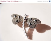 Summer Sale Vintage Silver Dragonfly Onyx Brooch Pin