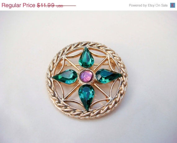 Summer Sale Vintage Gold Emerald Amethyst Brooch