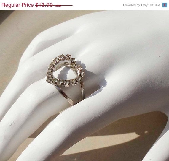 Summer Sale Vintage Silver Rhinestone Heart ring adjustable