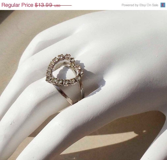 Summer Sale Vintage Silver Rhinestone Heart ring adjustable