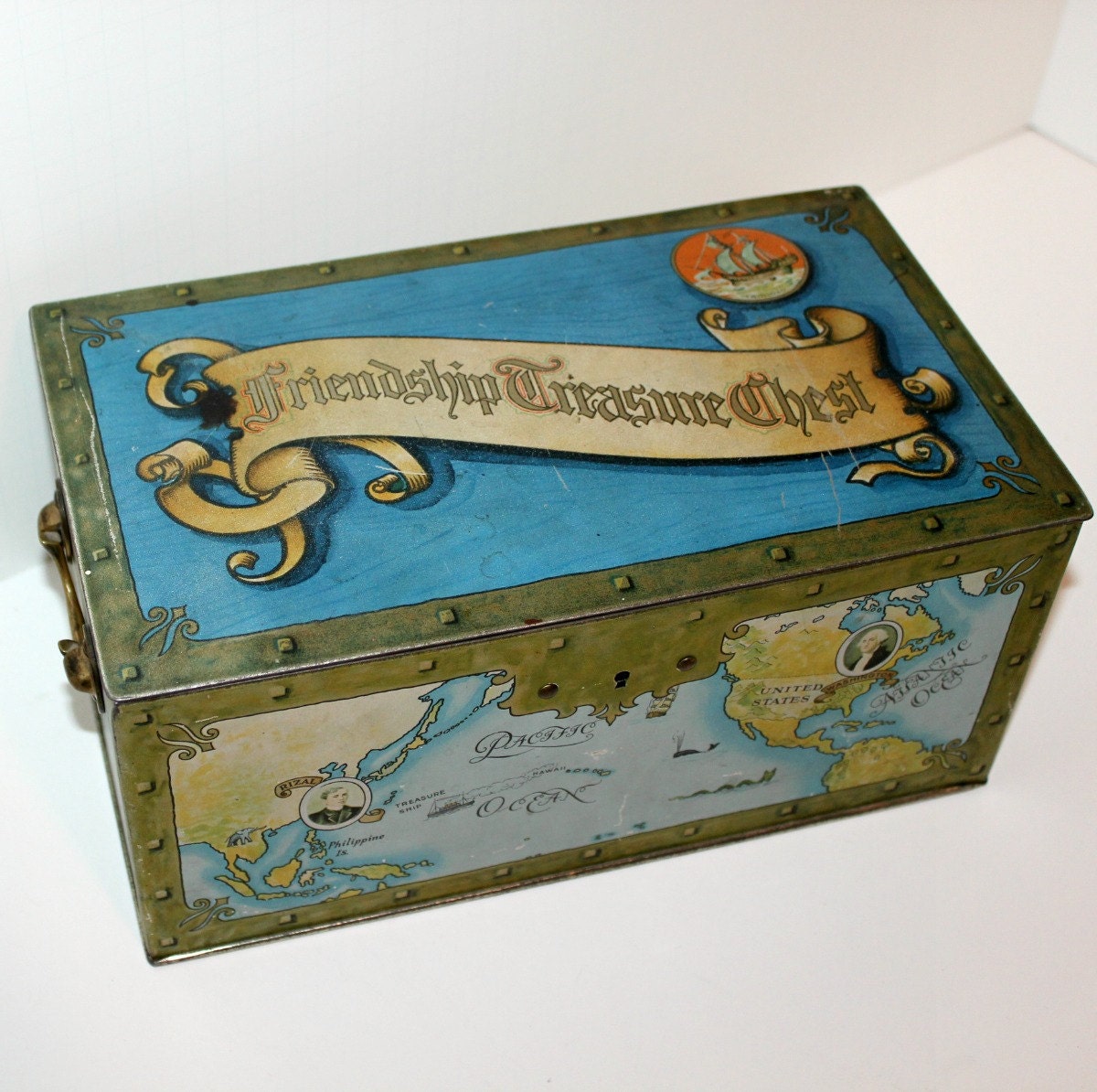 Vintage Friendship Treasure Chest Box Tin Metal Map World Keepsake