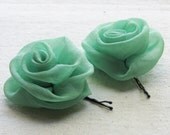 Rose bobby pins,  in mint green chiffon, set of 2 small hair flowers