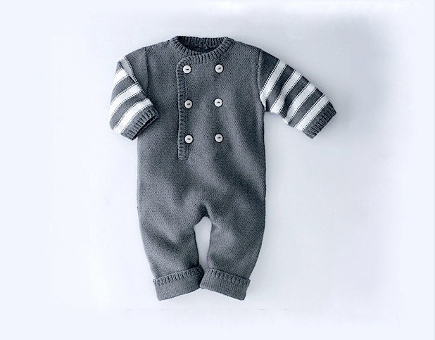Hand Knit Pure Cashmere Baby Romper for Boy - Gray/Off White