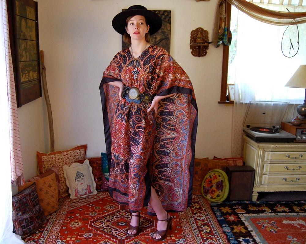 Boho Caftan Vintage 70s Paisley Bohemian Draped Oversized Caftan Maxi Dress  (one size)