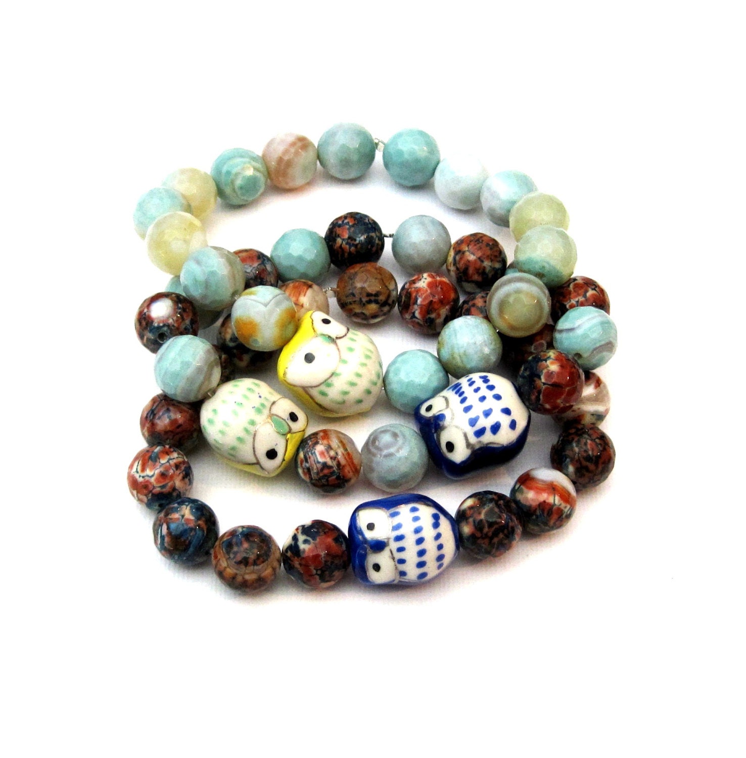Yellow and Blue Owl Stretch Stack Bracelets with agate beads in sea foam green, red, and blue Set of 3