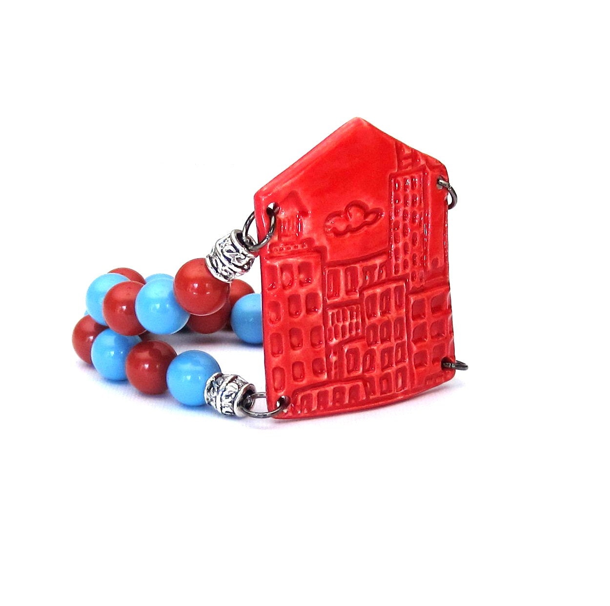 City Skyline Double Strand Stretch Stack Bracelet red with Swarovski pearls in turquoise and red