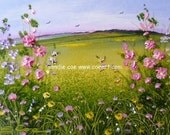 ACEO Original Miniature Oil Painting Hollyhocks by Sandie Coe