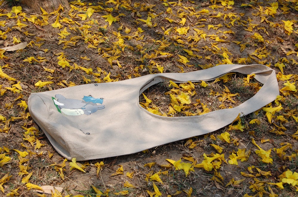 Natural Hemp Bag with Hand painted Totoro on Canvas Sling Bag style 19