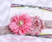 Spring summer headband, baby headband, Sassy Salmon, coral shabby chiffon Flower, beige lace Headband summer photography prop