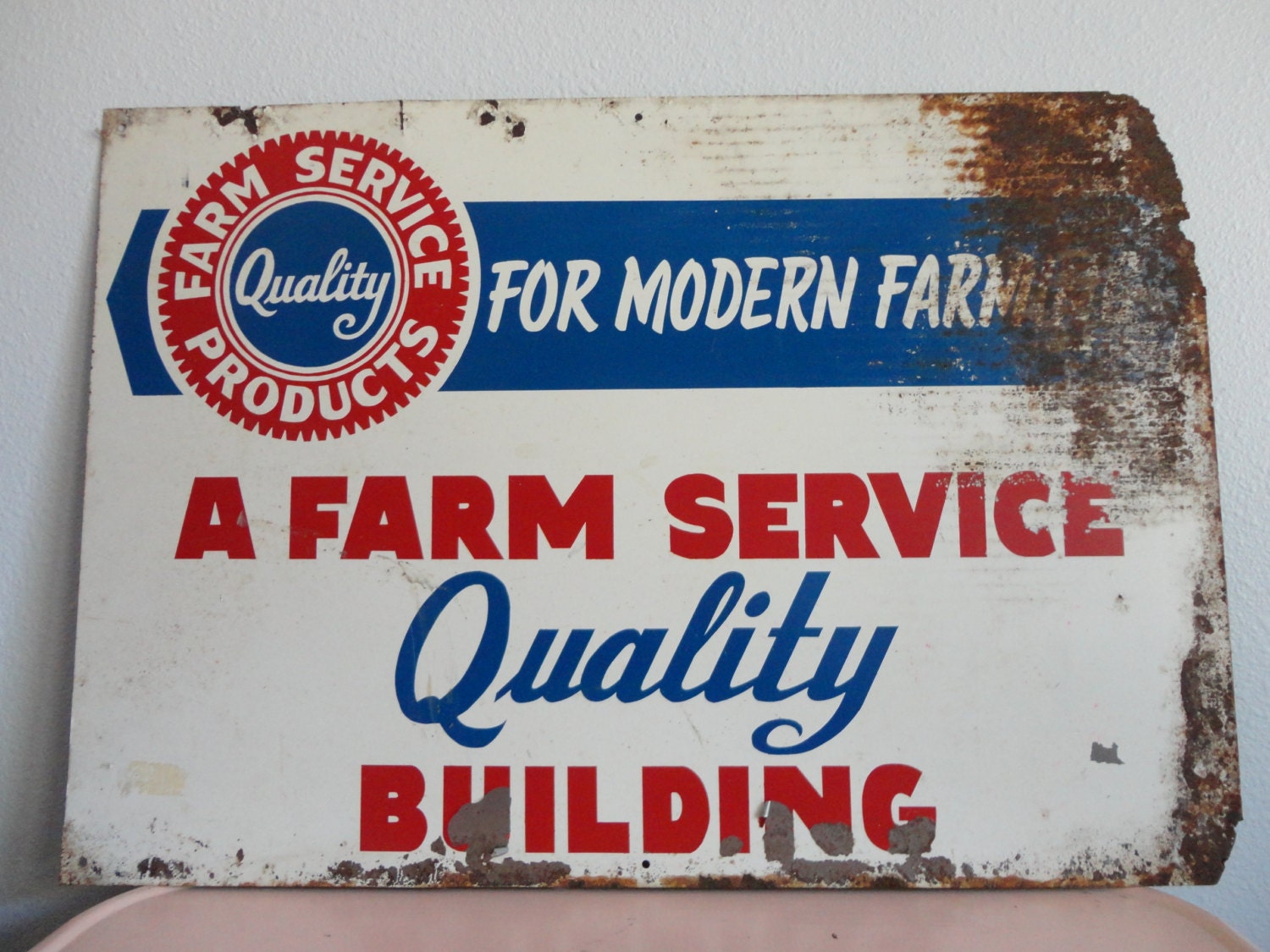 VINTAGE METAL advertising SIGN - a farm service quality building