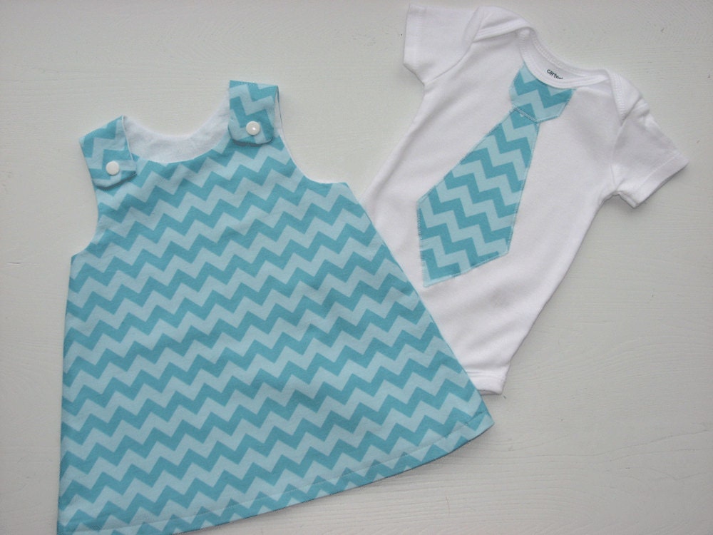Brother Sister Matching .STELLA. Chevron. Aqua Tonal. A Line Jumper Dress and Tie T-shirt or Onesie. Sweet Easter Sibling Set.