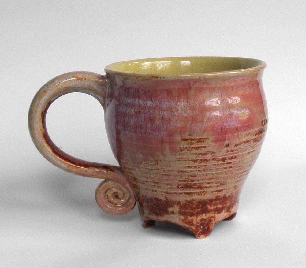 Sunrise Mug- Footed, in Rosy Dawn Pink, Rust and Yellow- Spiral Handle, Large Stoneware- Discounted