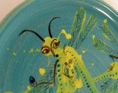 Plate with Fairy Dragonflies in Turquoise and Chartreuse Stoneware- 6.5 inch