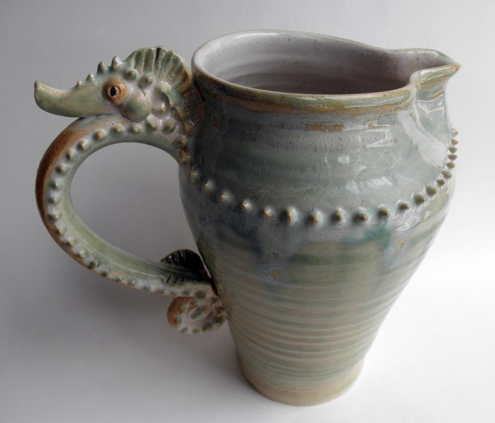 Seahorse Pitcher- Celadon Green, Natural Clay, Large Stoneware Ceramic Sea Horse