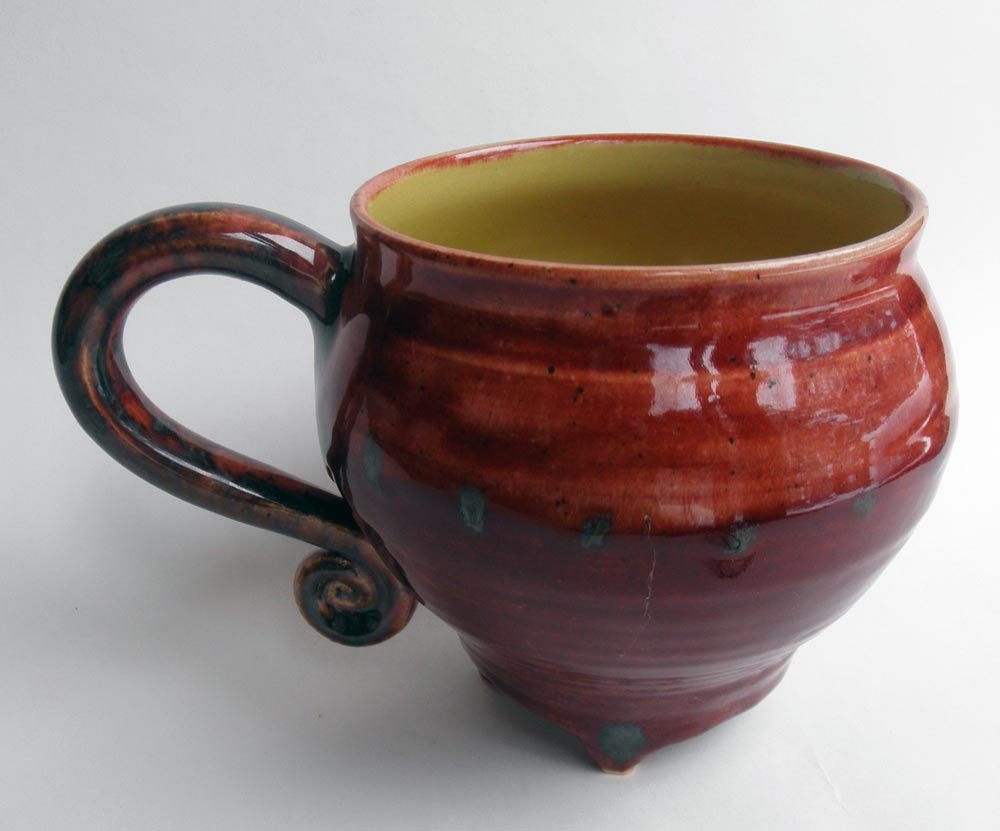 Mug- Footed Walking Mug, in Blood Red and Yellow- Spiral Handle, Jumbo Stoneware- Elegant