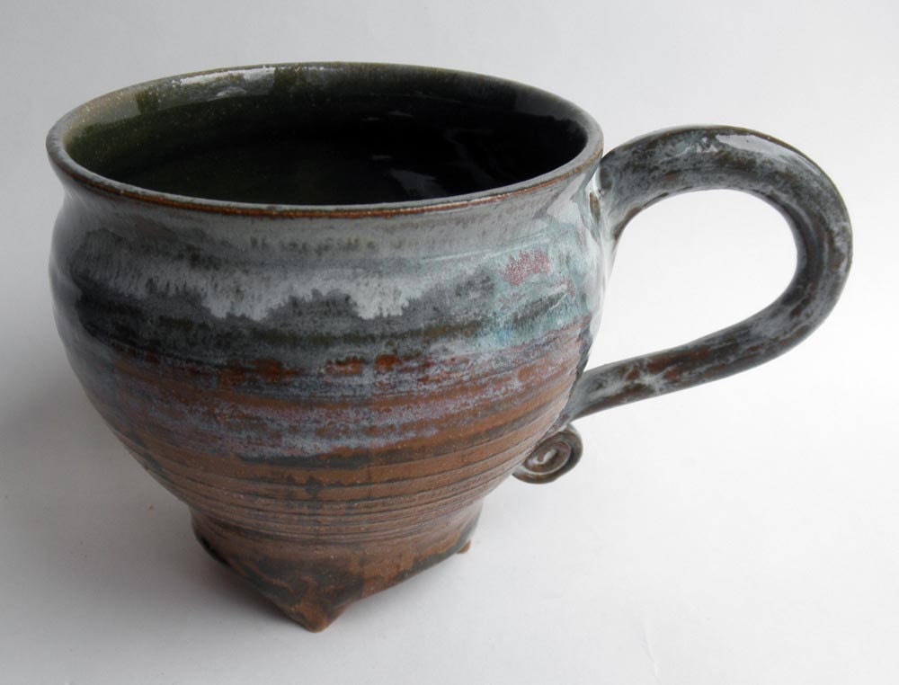 Mug- Walking Footed Mug, in Milky Green Foam and Red Clay- Spiral Handle, Jumbo Stoneware- Elegant