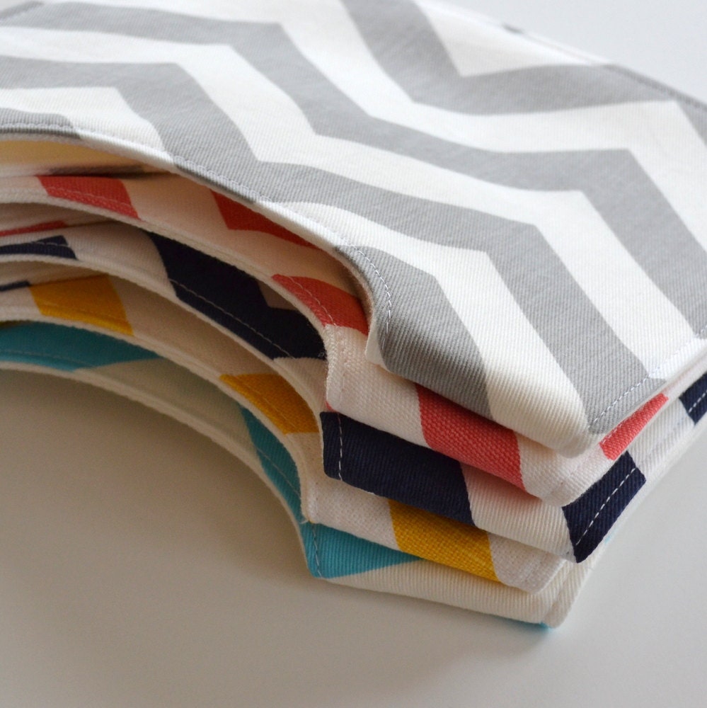Chevron Baby Bibs . Eco-Organic  . Set of 5 . Navy, Yellow, Coral, Gray, Aqua Chevron . SAVE