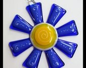 Glassworks Northwest - Brilliant Blue and Blue Flower Suncatcher - Fused Glass Suncatcher