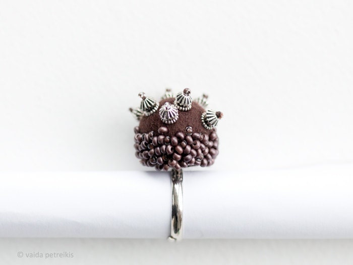 Modern statement ring with handmade felt Extraordinary unusual urban casual style Dark earthy brown  All sizes