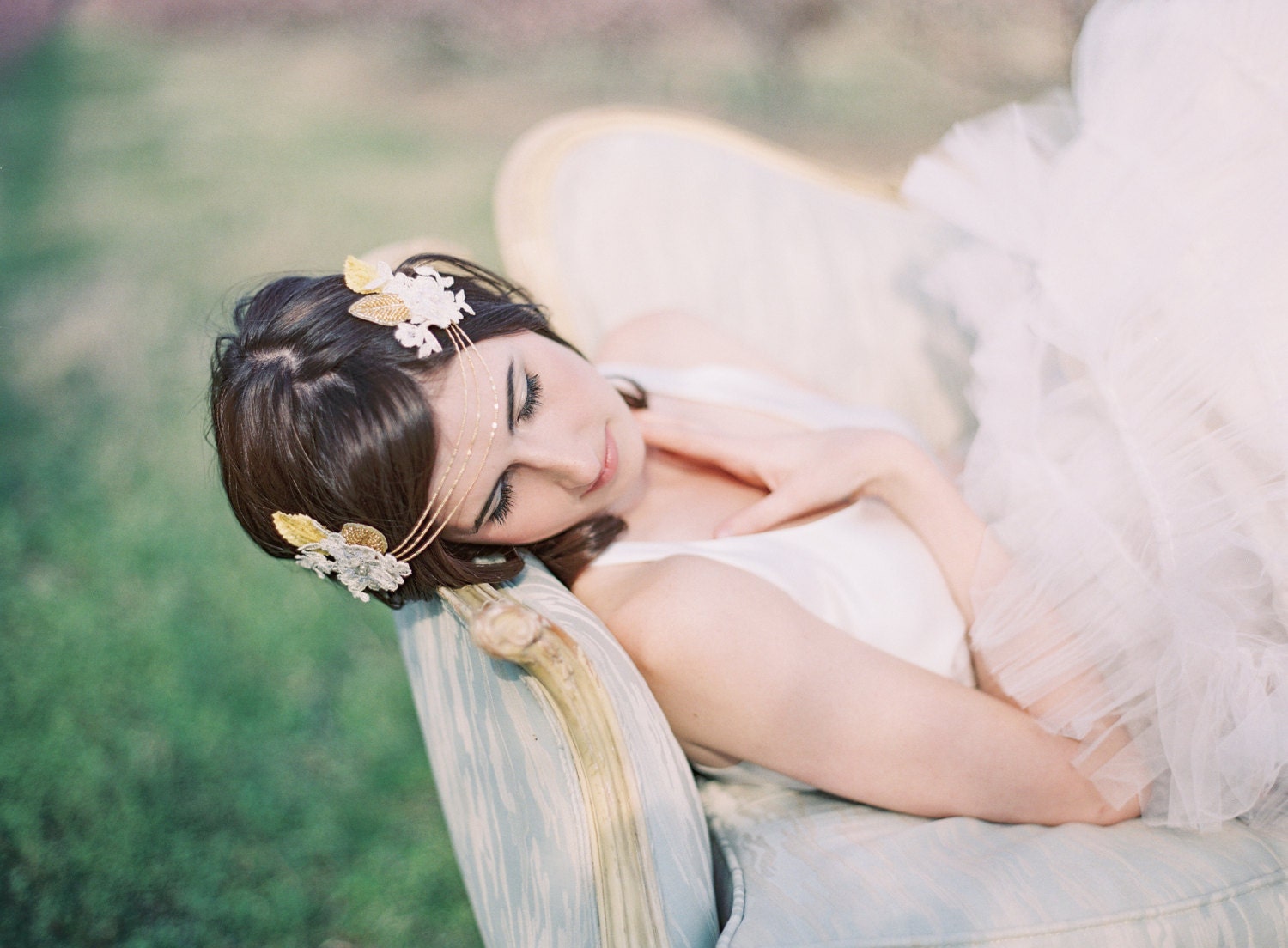 Bohemian GOLD Bridal Halo Headpiece, Wedding Headdress, Lace and Pearls with Velvet and Glass Beaded Leaves, Dangling Chain, Ready to Ship