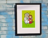 The science of love - Lab coat bear and cute monkey in love - Limited Edition Signed and Numbered 11x14 Giclée Illustration