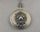 Lion Head Antique Silver Large Locket Steampunk Round Locket, Filigree Neo Victorian Locket Necklace- LION KING
