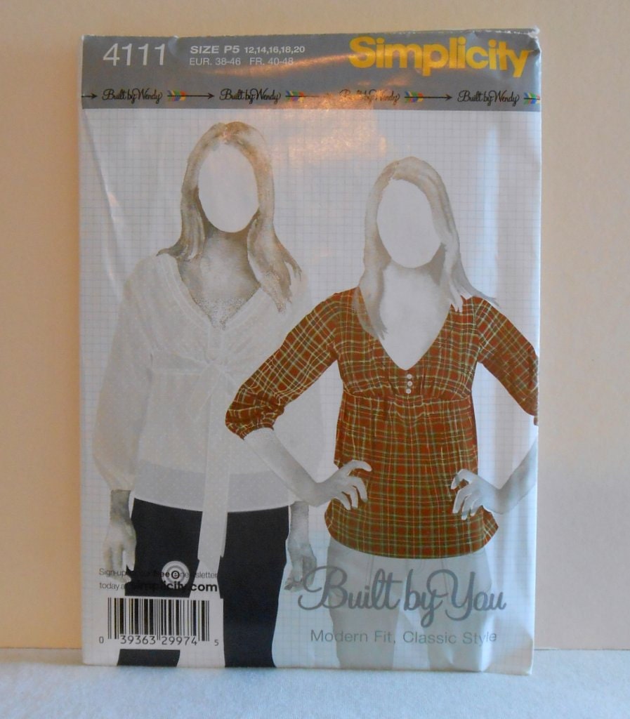 Women's Tops with Sleeve Variations Size 12-14 Simplicity 4111 "Built by You" Sewing Pattern