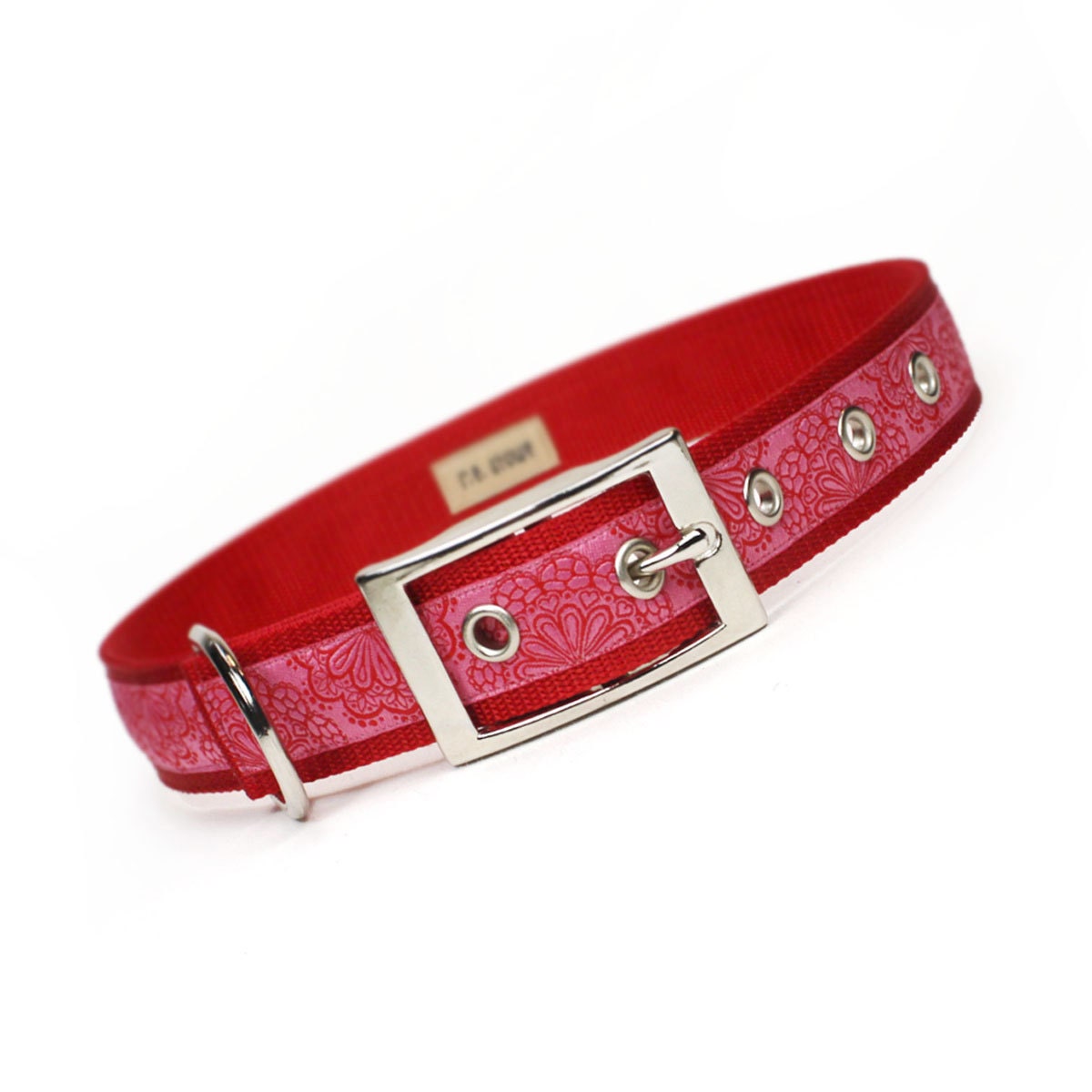 pink and red lace doily metal buckle dog collar (1 inch)