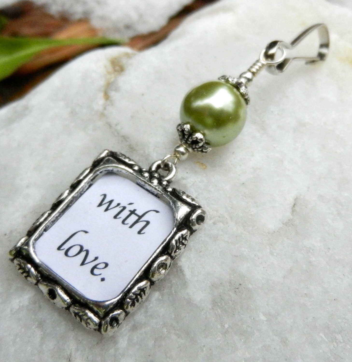 Wedding bouquet frame charm. Green shell pearl.