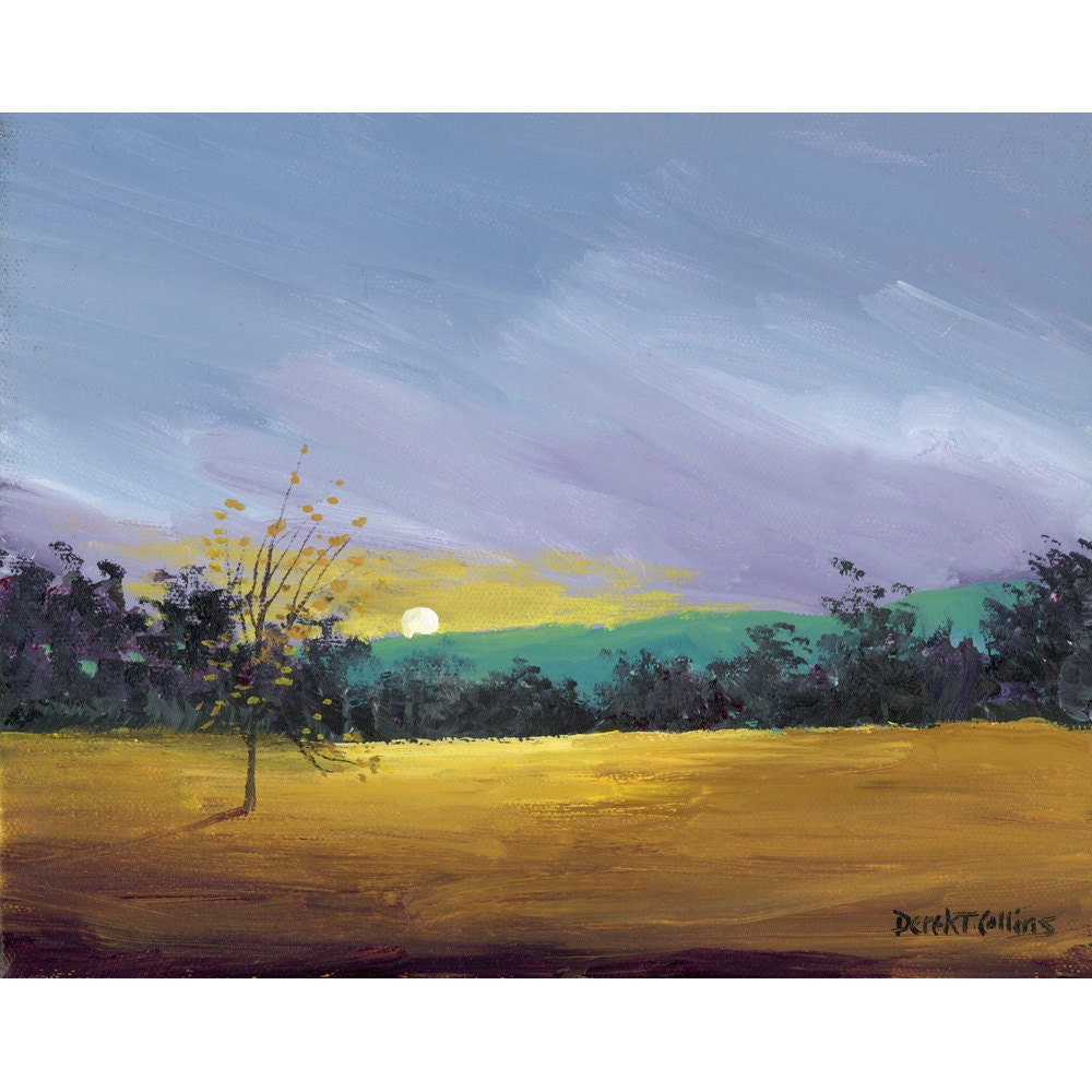 Landscape painting original acrylic  sunset  Trees tree clouds sky impressionist lavender blue teal  blue 8X10 on canvas