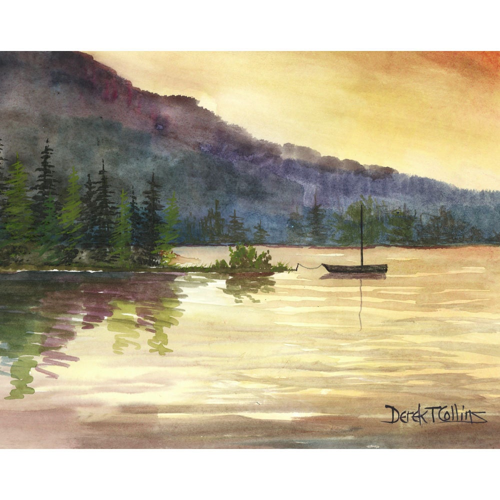 Boat Painting Landscape watercolor lake at sunset water reflections Print Sailboat Trees  Giclee Reproduction 8x10