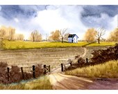 painting Watercolor  Landscape painting original painting Farmhouse country road fall trees art 5x7 on paper