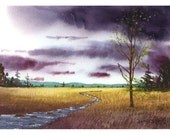 Watercolor Landscape Tree painting original  painting river creek stream trees sunset  realism art 5x7 on paper