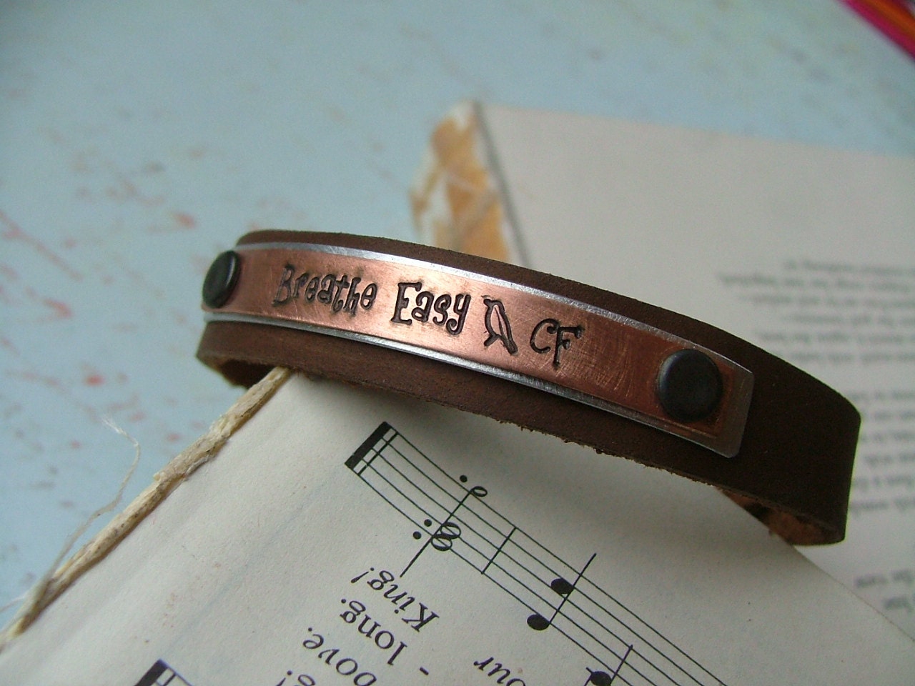 Breathe Easy Custom Hand Stamped Cystic Fibrosis Inspriational Message Supple Leather Hand Stamped Mixed Metals Cuff by MyBella