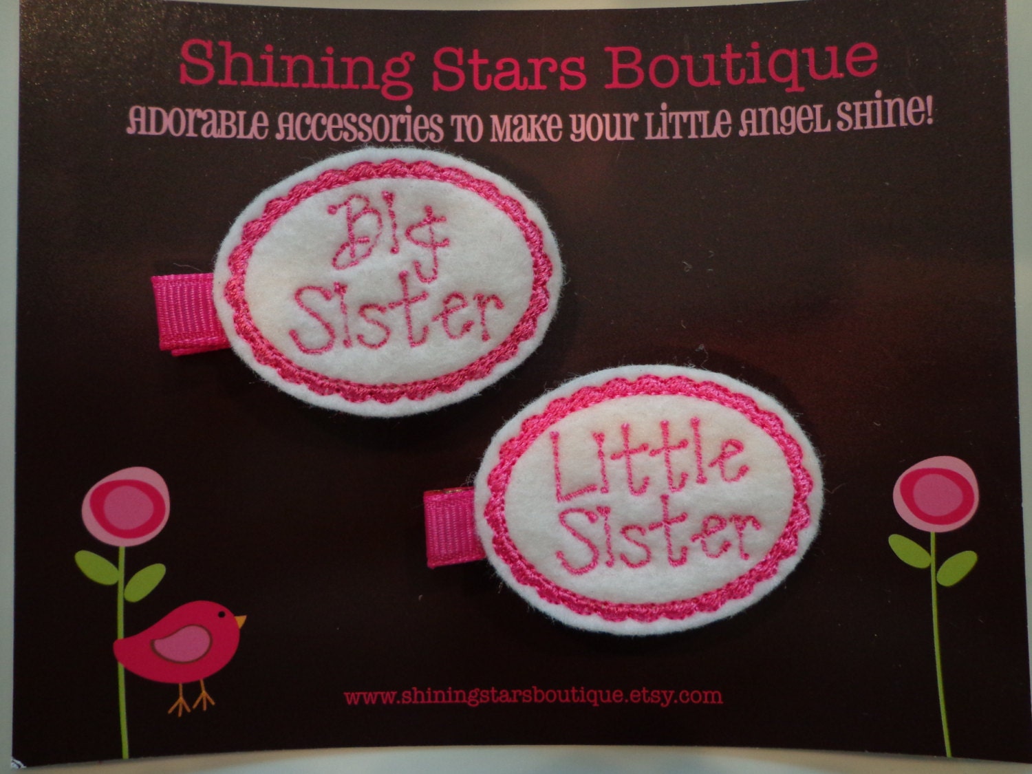Felt Hair Clips - Hair Accessories - Raspberry Rose Pink And White Embroidered Felt Big And Little Sister Boutique Hair Clippie Set