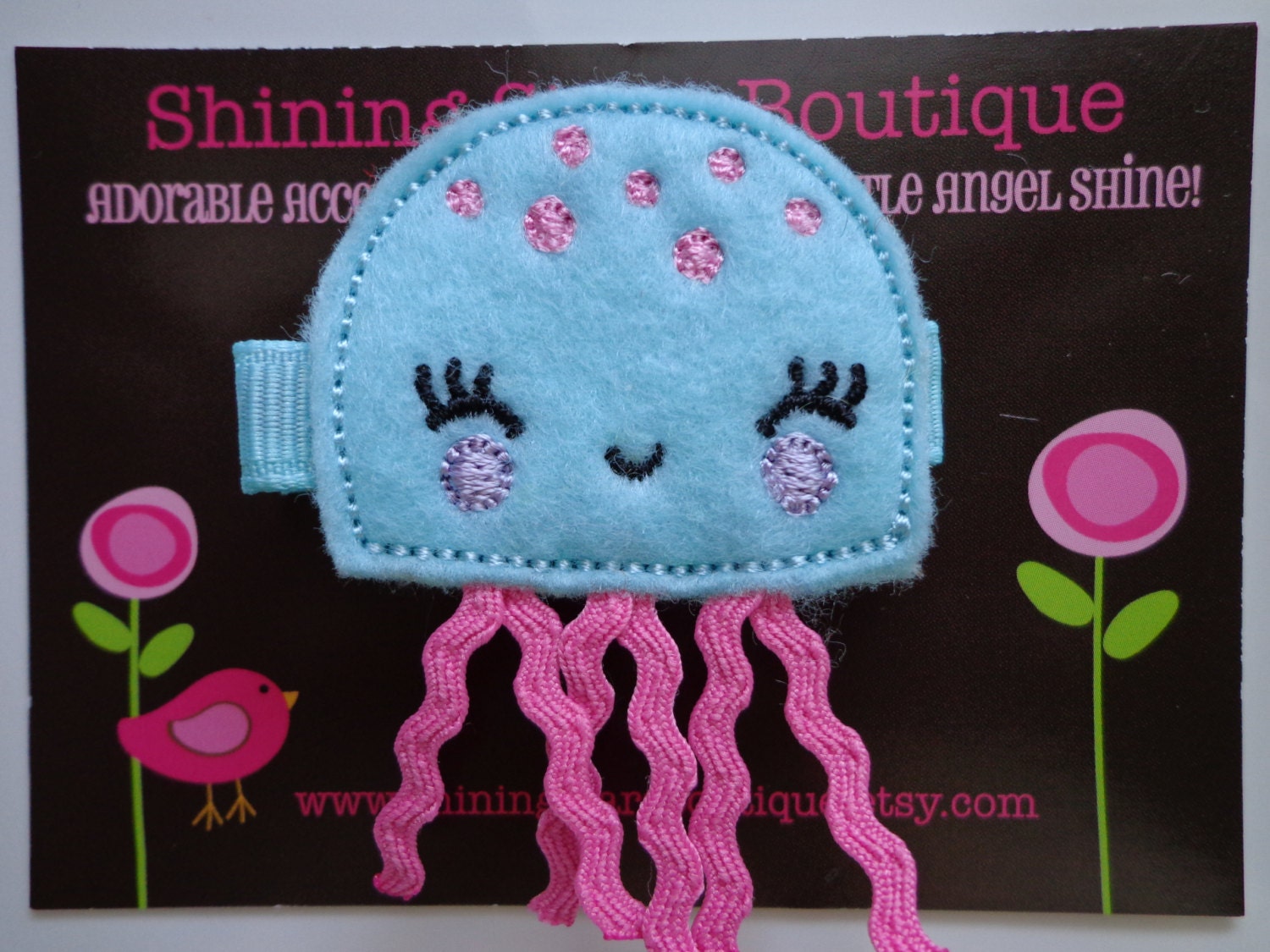 Felt Hair Clip - Baby Girl Hair Accessories - Aqua Blue And Pixie Pink Embroidered Felt Jellyfish Hair Clippie - Ocean Or Under The Sea