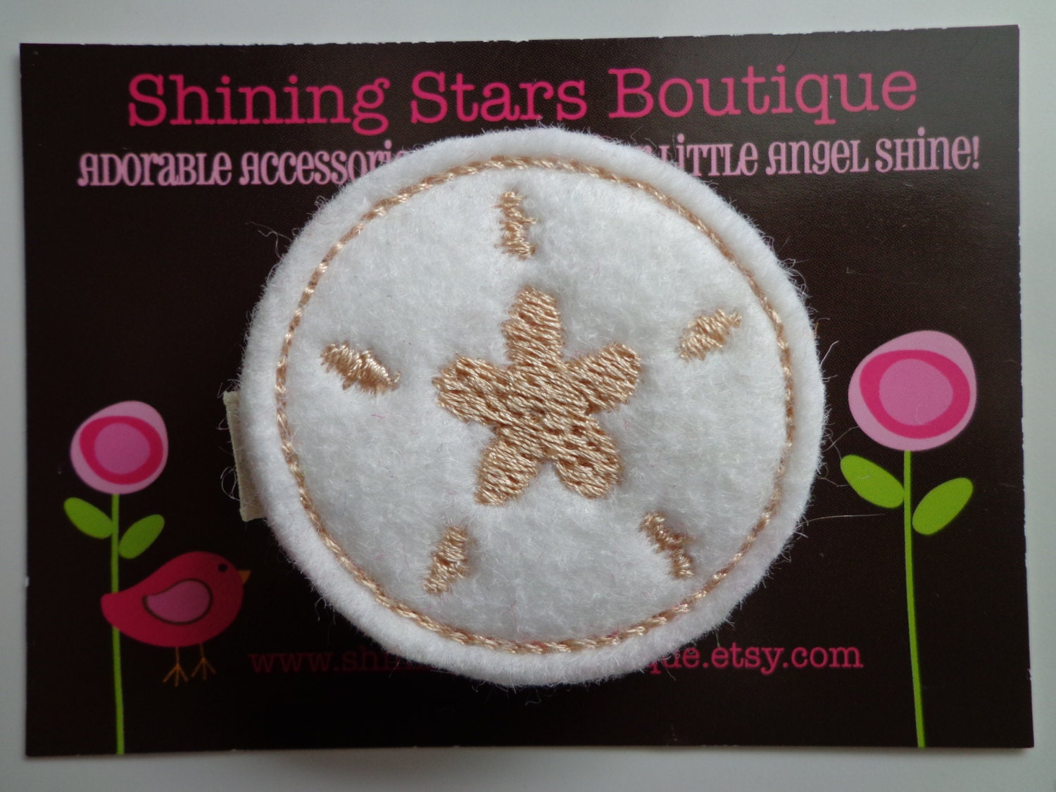 Felt Hair Clip - Hair Accessories - White And Metallic Gold Embroidered Boutique Felt Sand Dollar Shell Hair Clippie For Girls