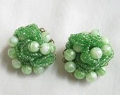 ON SALE Vintage Lime Green Art Beads and Seed Beads Hand Wired Earrings signed MARVELLA