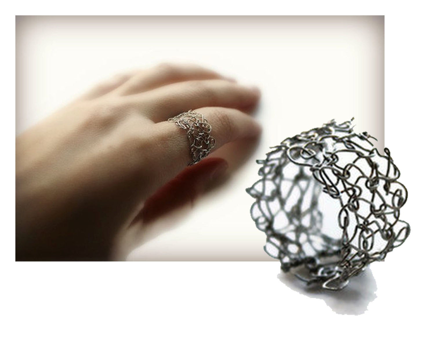 Knit Jewelry, Silver Knit Ring Hand Knit Wire