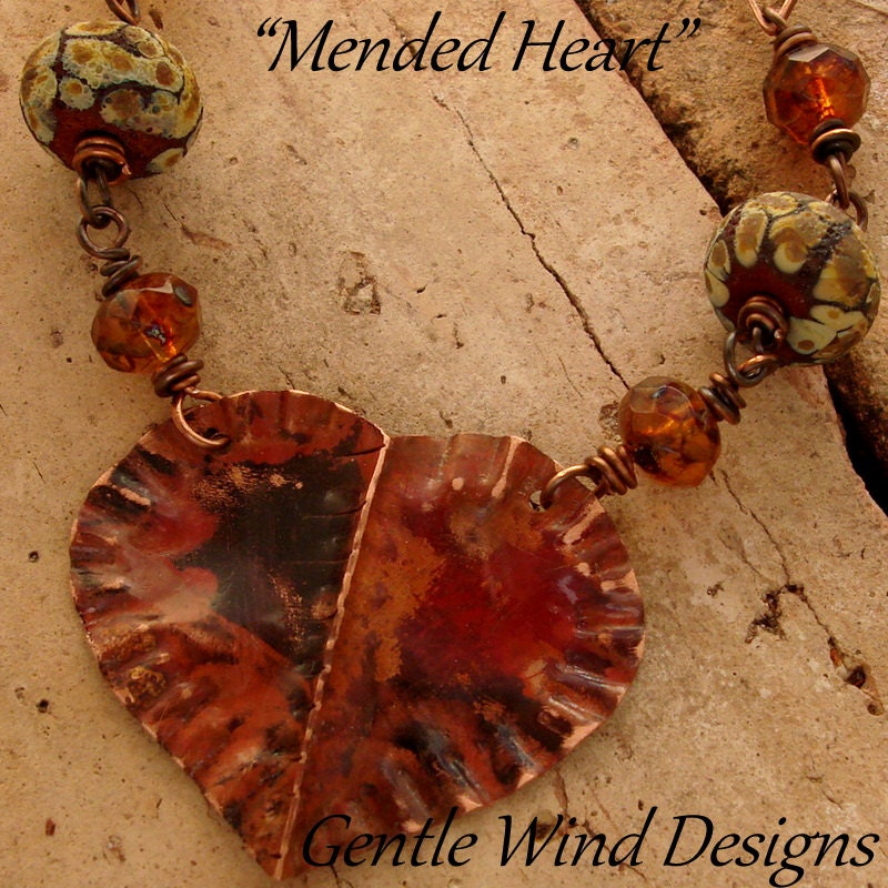 MENDED HEART - Necklace and Earring Set - Handmade Copper Heart, Handmade Lampwork Beads, Czech Glass, Antiqued Copper