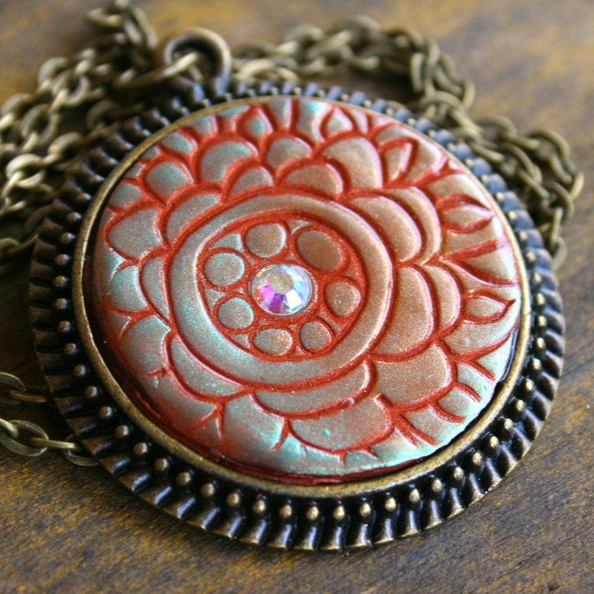Iridescent Lotus Flower in Copper and Turquoise in Polymer Clay,  Antiqued Bronze Bezel Pendant on Chain