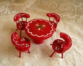 Red Dining Room Kitchen Table Dollhouse Miniature Furniture Painted Wood Doll House 4 Chairs