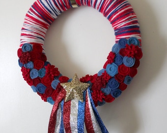 Stars and Stripes Wreath, Patriotic Wreath, 4th of July Wreath, Yarn and Felt Wreath, 14 inch size - READY TO SHIP