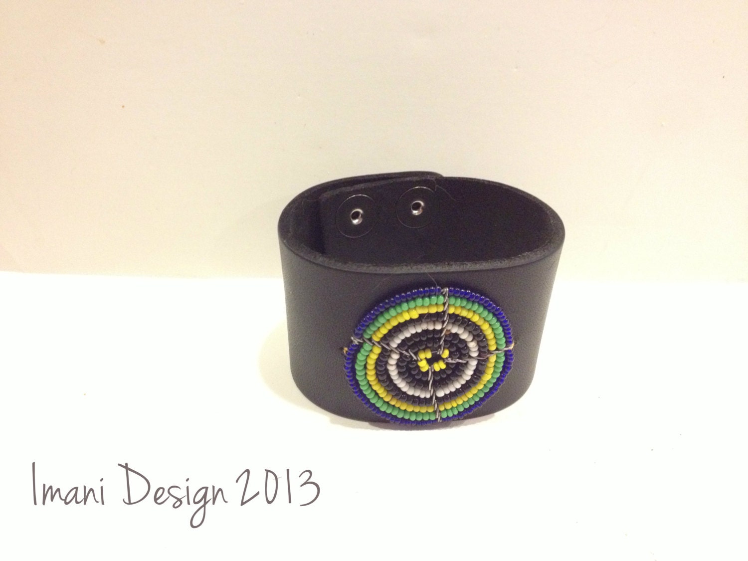 Black Leather Cuff Beaded Maasai African Bracelet: Africa Geometric Design Blue, Green, Yellow