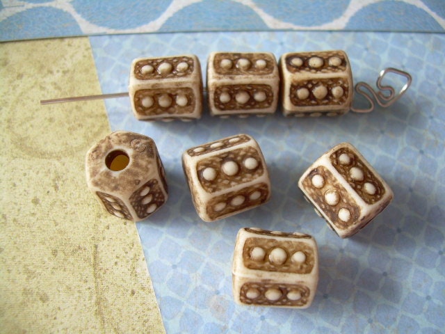 7 Ancient Dice Vintage Lucite Beads Brown Ivory Tan