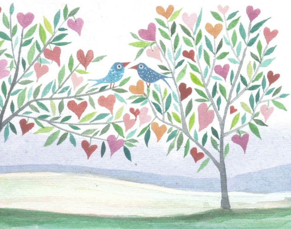 Trees of Hearts -  - original watercolor painting- lanscape - tree- original illustration - hearts - blue birds - love -